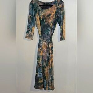 NINA LEONARD Midi Abstract Print Dress With 3/4 Sleeve A-Line, Tie Belt, Size XL
